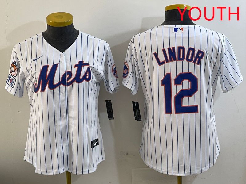 Youth New York Mets 12 Lindor White Stirpe Game Fashion 2025 Nike MLB Jersey style 1